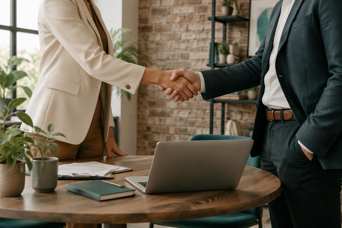 Two business owners shaking hands over a meeting table in a Raleigh office