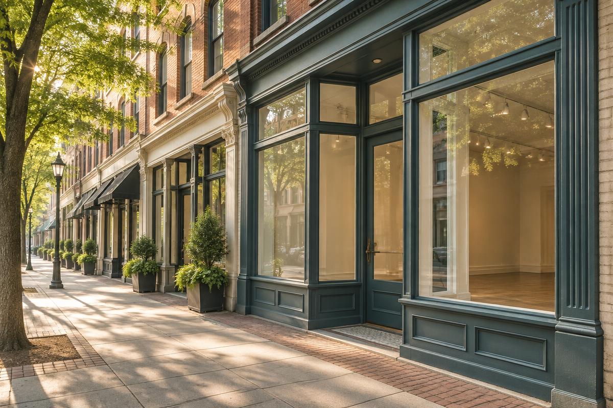 Historic brick retail storefronts available for lease on a tree-lined Raleigh street
