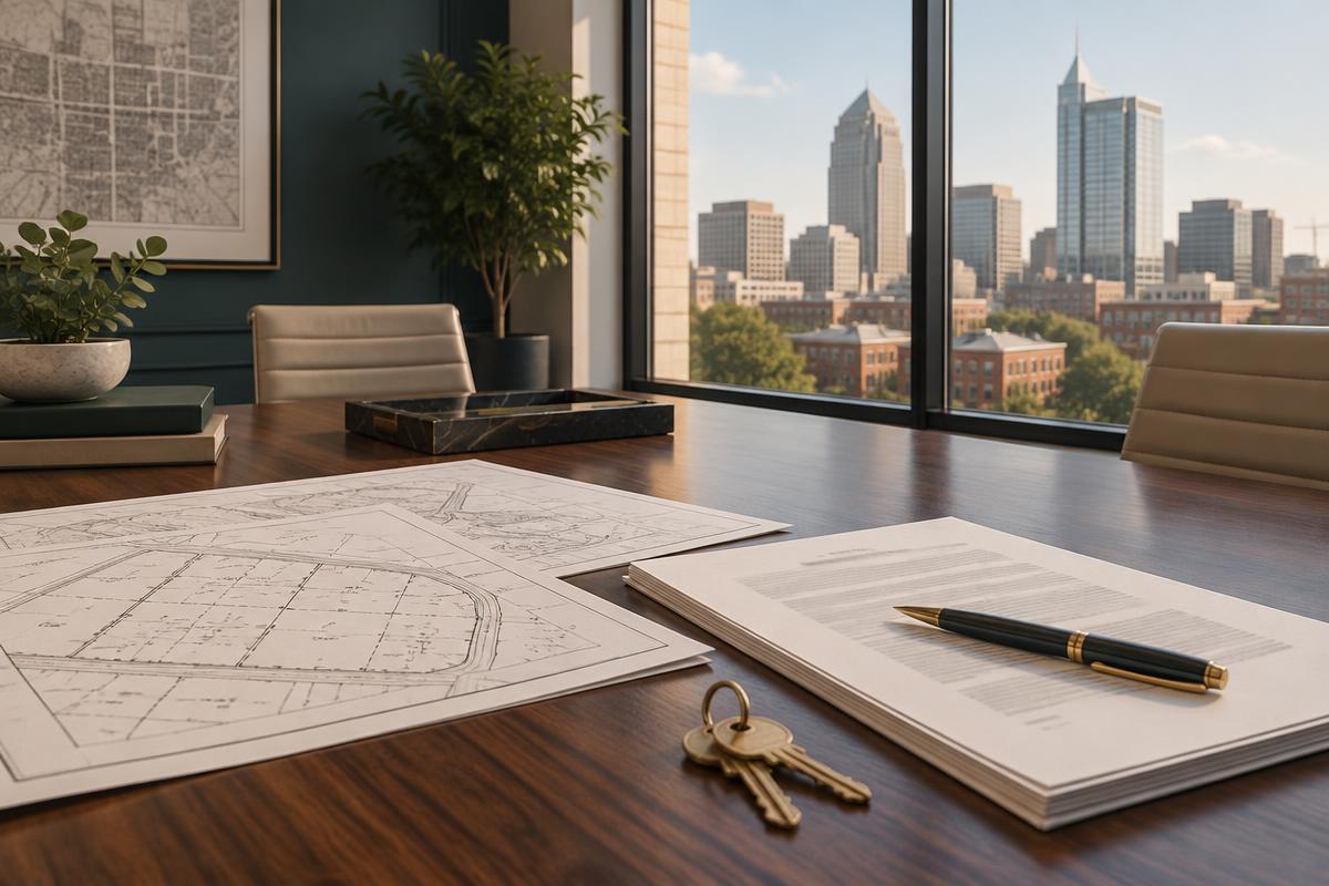 Property survey plats, purchase agreement, and keys on a conference table overlooking downtown Raleigh